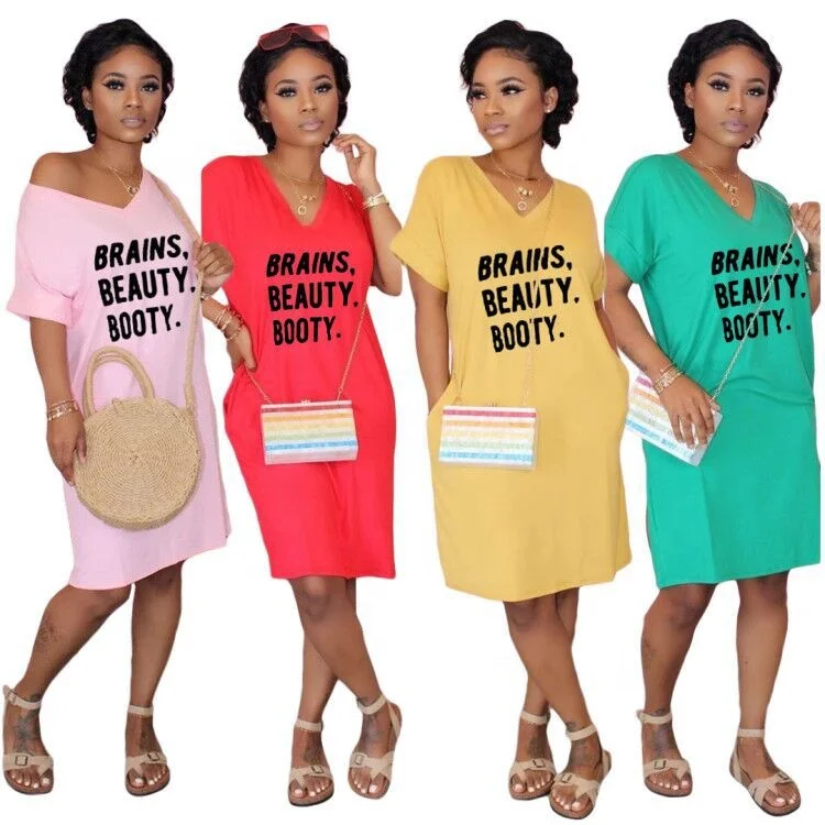 

AI27-8156 Summer Casual Womens Long T-Shirt Dress Short Sleeve Print Letter