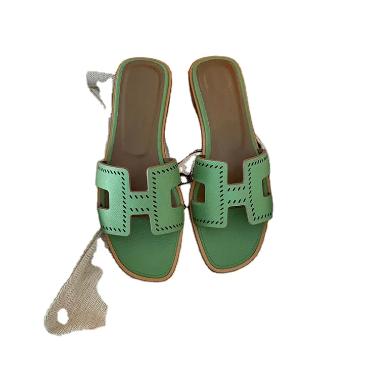 

The new summer H slippers flop leather palmprint beeswax line leather luxury flat shoes outdoor women slippers