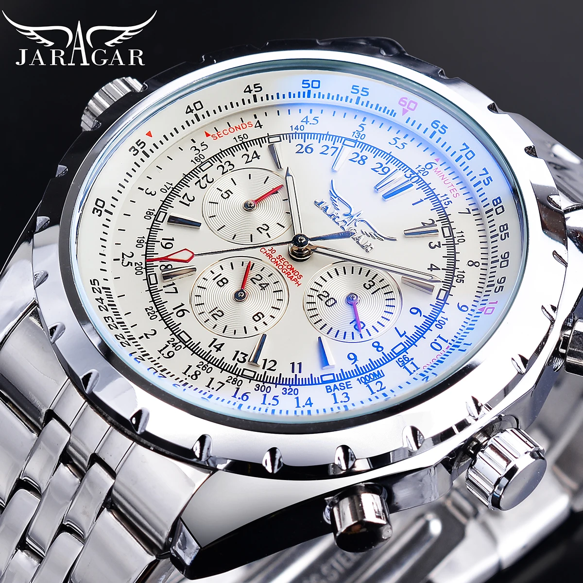 Jaragar Blue Light Glass Design Automatic Watch White Silver Stainless Steel Mechanical  Luminous Date Business Sport Clock