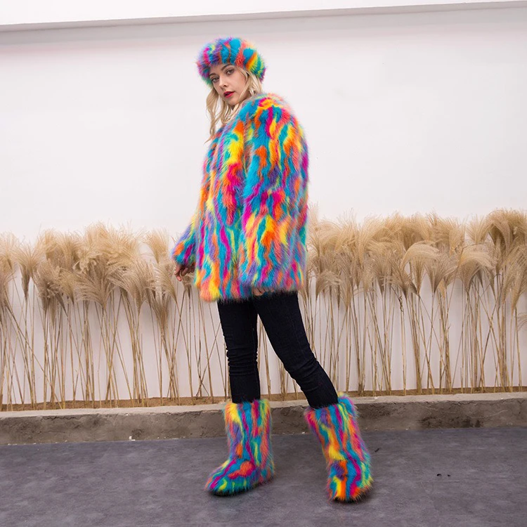 

2020 winter colorful headband fashion fur boots and faux fur coat woman 3pcs, Customized color