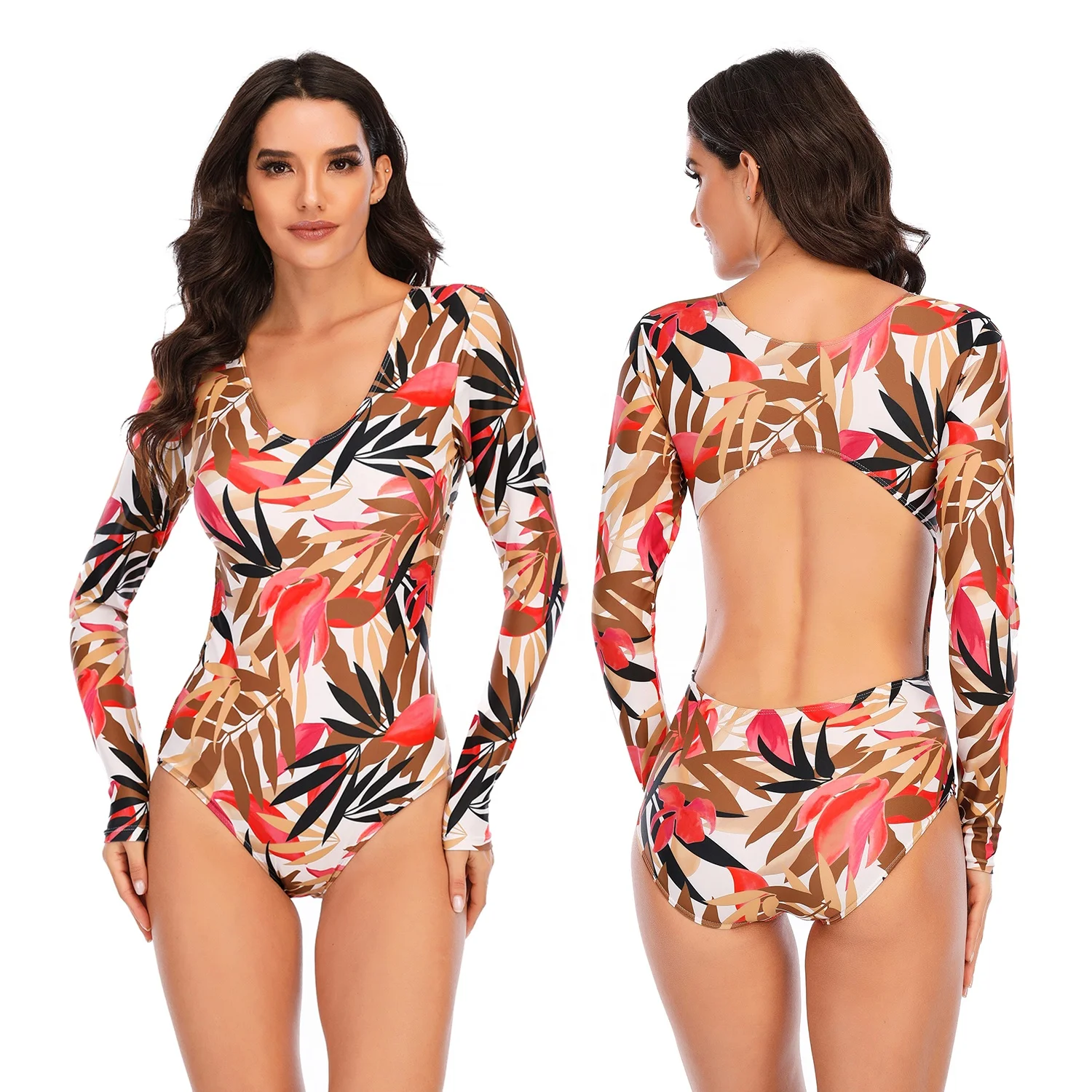 

AOSHILI New arrival women and girls sexy long sleeve printed backless swimsuits floral surfsuit