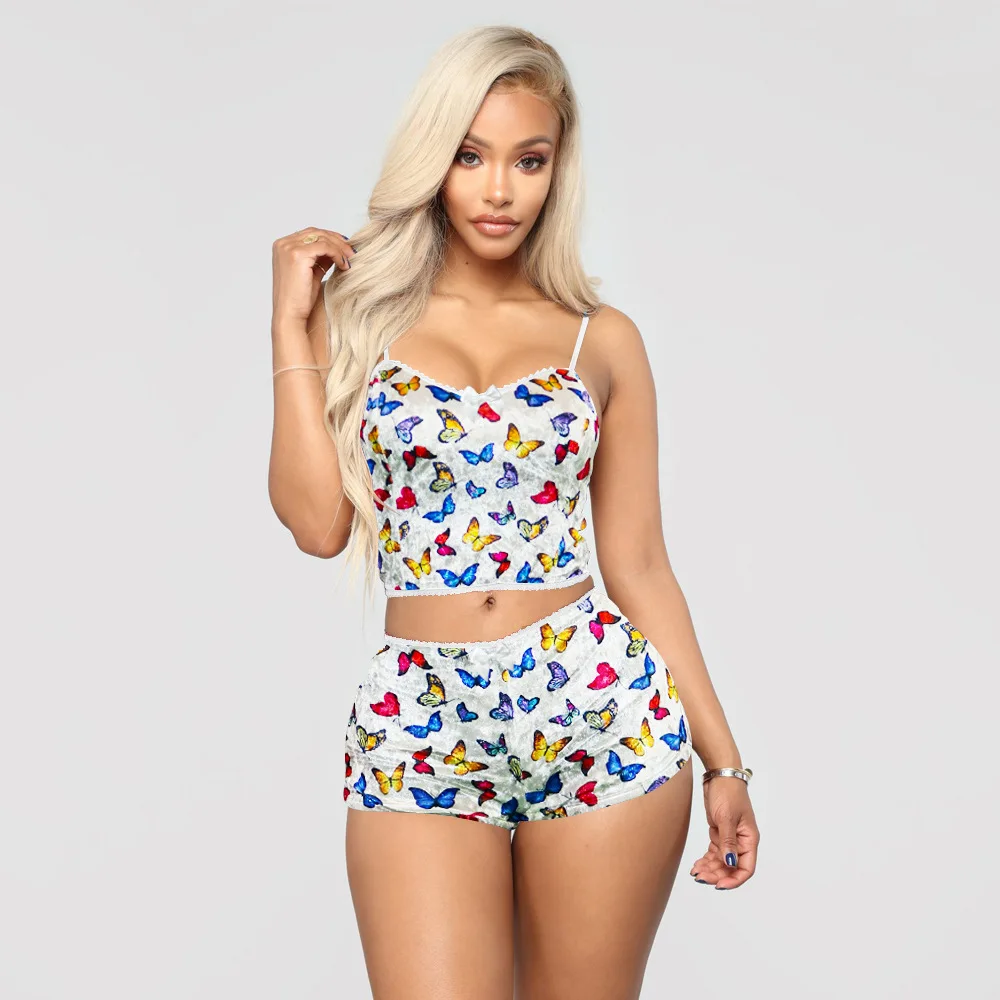 

Hot sale print leopard velvet crop top with shorts pajama set women 2 piece pyjama set women two pieces sleepwear pajama, Customized color