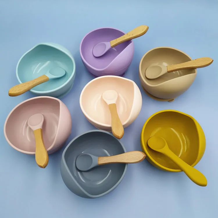 

28 Colors Logo Baby Tableware Baby Feeding Supplies Silicone Feeding Set Suction Bowl Silicone Bowl Set Baby Bowl With Spoon, 28 colors for your choice