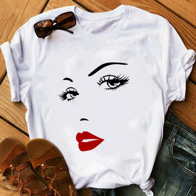 

2021 New Arrival Spring Summer Women Tshirt camiseta de manga corta para mujer Boutique trendy women eyes face print t-shirt