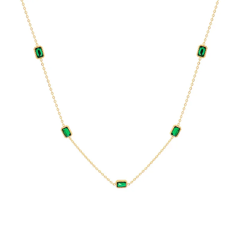 

Fashionable 18K Gold Plated Stainless Steel Jewelry Gift Party Cubic Zirconia Charm Emerald Choker Necklace for Women