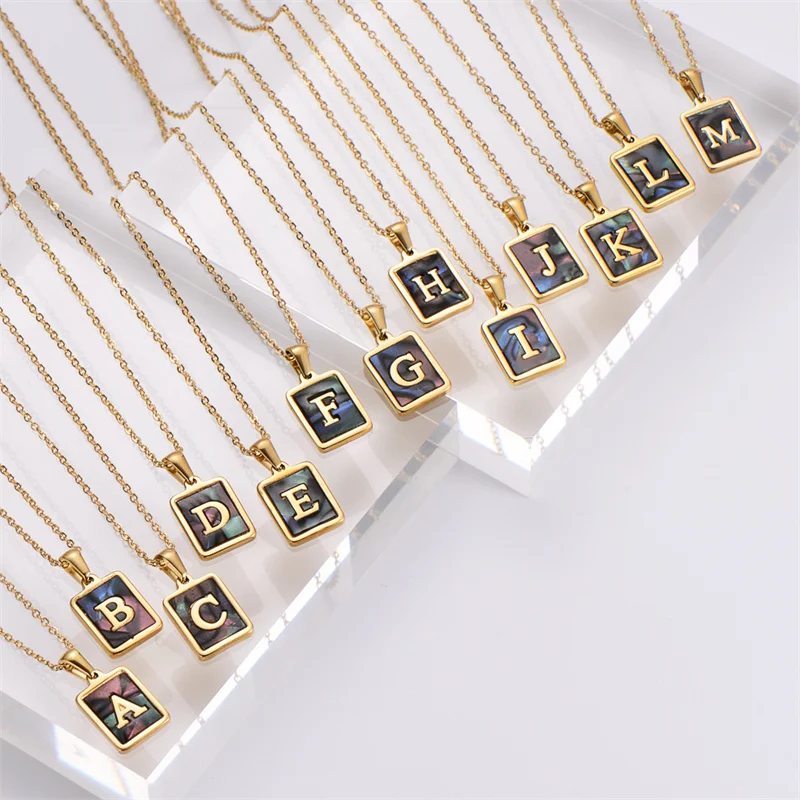 

Amazon Hot Sale 18K Gold Plated Square Initial Necklaces Colorful Shell Stainless Steel Initial Letter Vintage Necklace For Gift