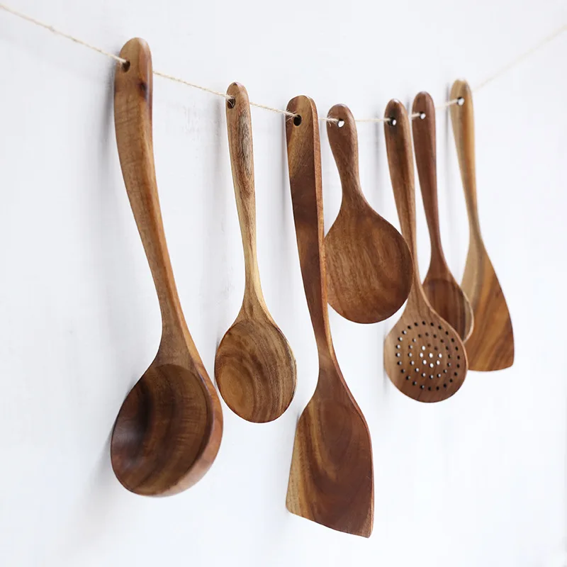 

Teak natural wood tableware spoon colander spoon special nano soup skimmer cooking spoon wooden kitchen tool kit, Wood color