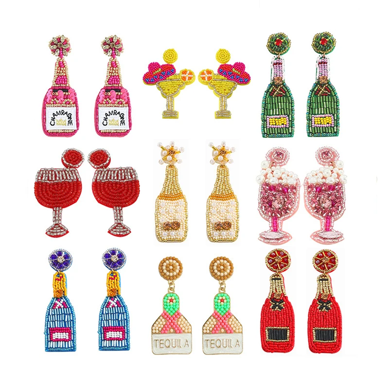 

Wholesale Handmade rice bead Earrings Bohemian champagne wine bottle Earrings Tequila Vodka Pendant Statement Earring Women