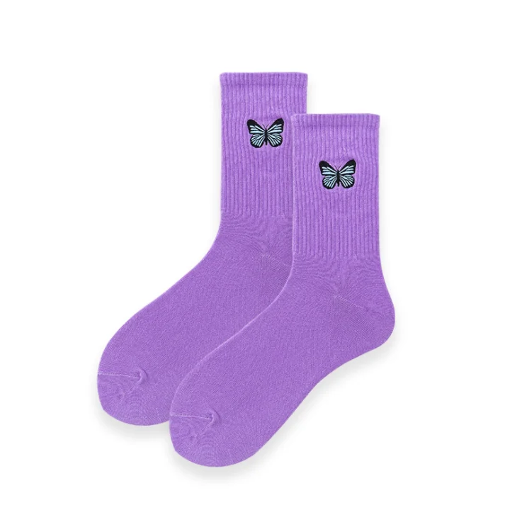 

Casual Breathable Custom Butterfly Embroidery Women Sports Crew Socks, As pic