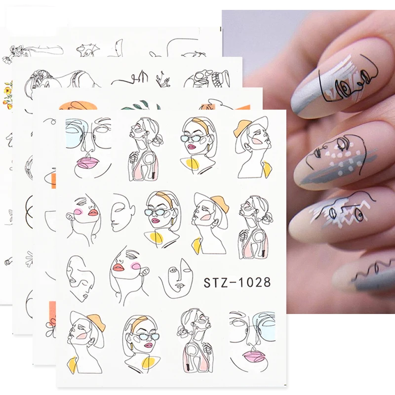 

4 Pcs/Set Abstract Lady Paper Nail Art Decor Face Nail Decals Water Black Leaf Sliders Gel Polish Sticker, Picture