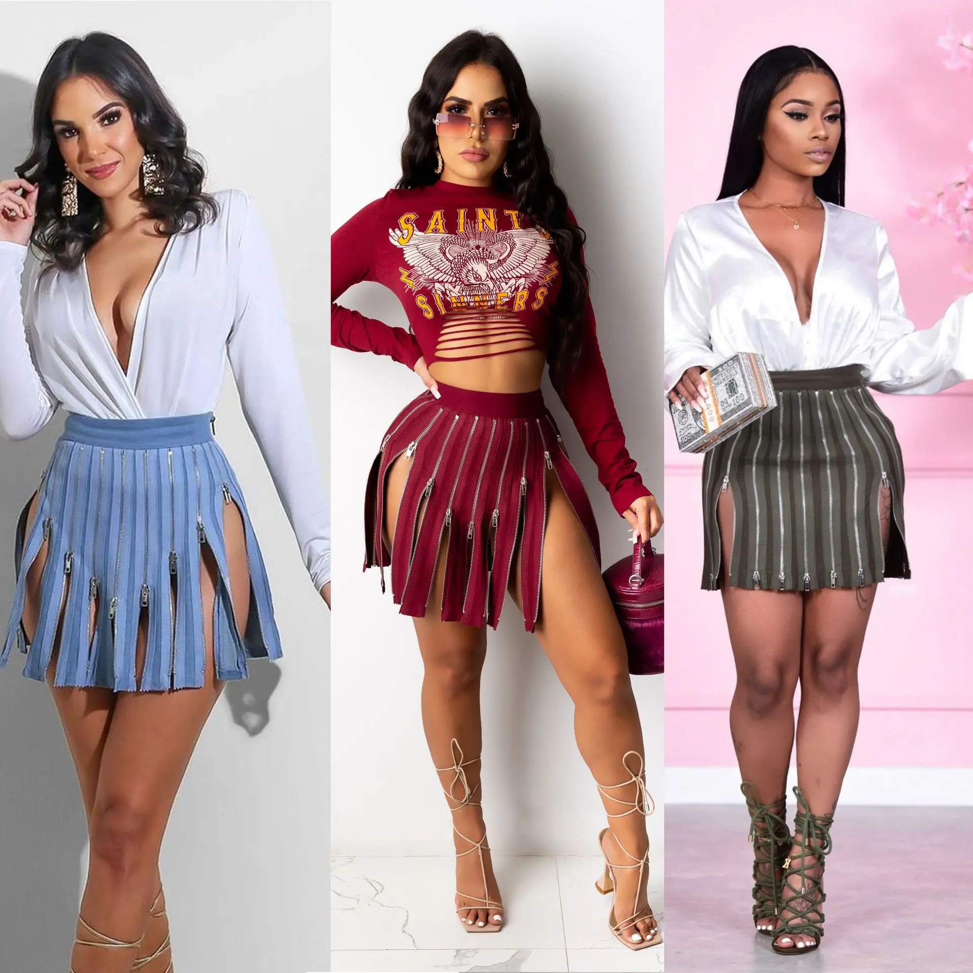 

2021 New Design Zipper Stitching Short Mini Zipper Skirt Woman Sexy Enchanting Temptation Wrap Hip Women's Skirts