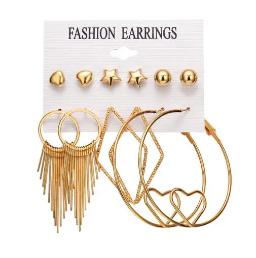 

Trendy 6prs/Set Mix Designs Stud Drop Hoop Earring Set For Women Mixed Shapes Girls Trendy Jewelry Wholesale