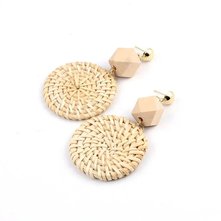 

Zooying Handmade Straw Wooden Earrings Bohemian Exaggerated Natural Ear Stud, As picture