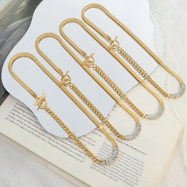 

Maple Fashion Creativity OT Buckle Zircon Blade Chain Piece Necklace 18K Gold Cubic Zirconia Snake Chain OT Buckle Necklace