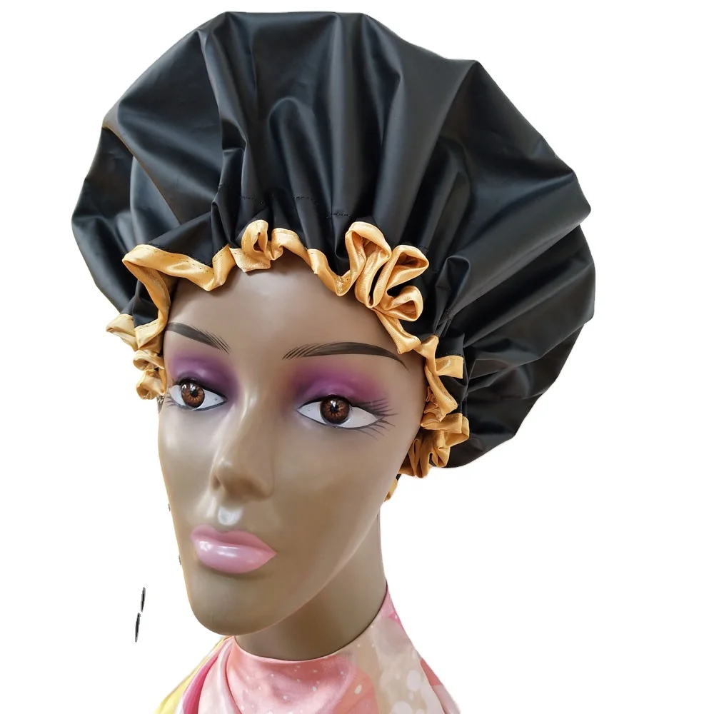 

36cm  Adjustable Shower Caps for Women Braid Hair Slap Waterproof Bath Caps, Black eva + colorful satin