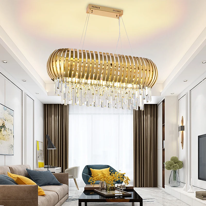 Warm white modern gold crystal pendant lighting style long stainless steel chandelier for home