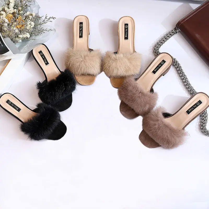 

Woman sandals new arrivals 2020 women's sandals Flat fluffy slides footwear plush ladies wedge sandals, Black,beige,khaki