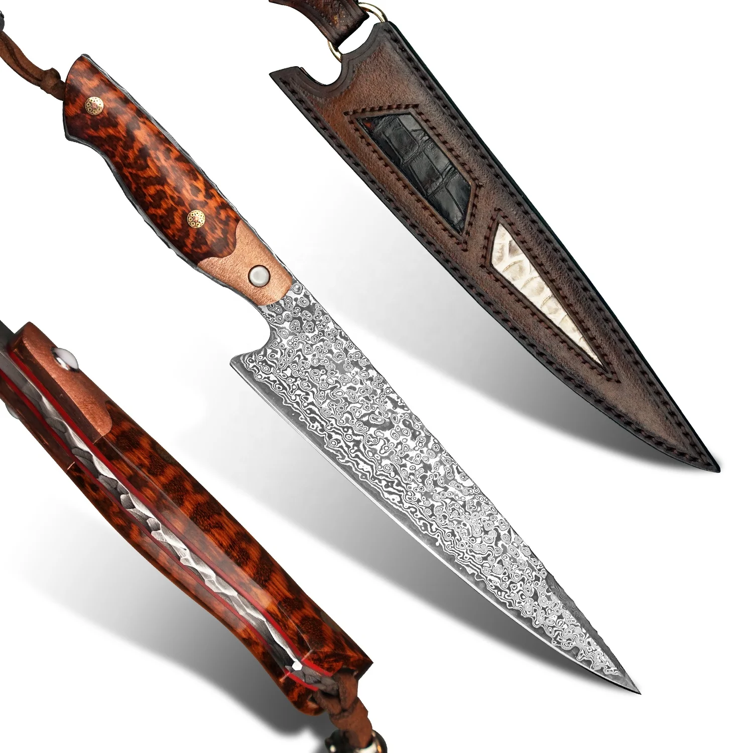 

Well Design Handmade 8in Snakewood Handle Damascus Steel Japanese Kitchen Chef Knife with Sheath