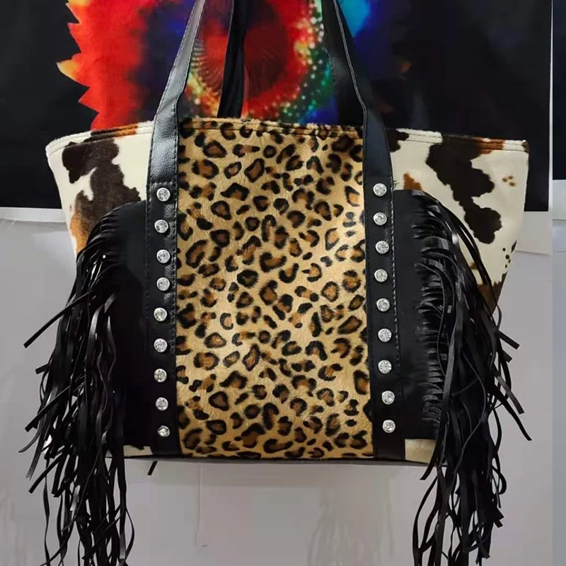 

Monogrammed Women Cow Print Travel Handbag Canvas Sunflower Serape Tassel Leopard Weekender Tote Bag