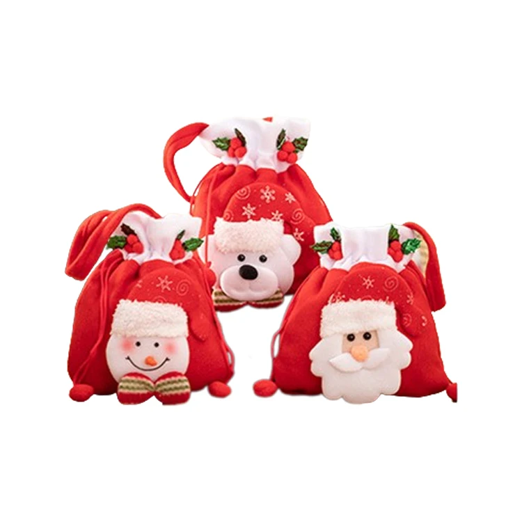 

Wholesale Christmas Candy Bag Small Drawstring Plush Santa Gift Bag Candy Pouch for Promotion