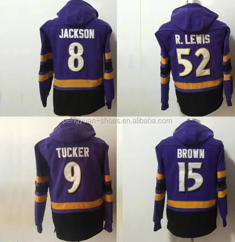 

Custom #8 Lamar Jackson #15 Marquise Brown #9 Justin Tucker #52 Ray Lewis #55 Terrell Suggs Jersey Football Sweater Hoodie