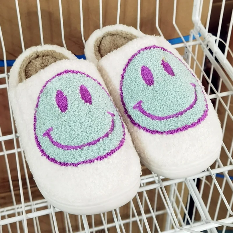 

Slippers branded wholesale smile home slippers woman sherpa happy face bed fur felt cartoon slippers for christmas