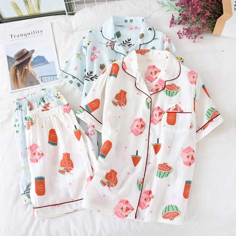 

Japanese spring and summer sleepwear ladies 100% cotton gauze thin section loose Korean version of home clothes short sleeve sho, Required