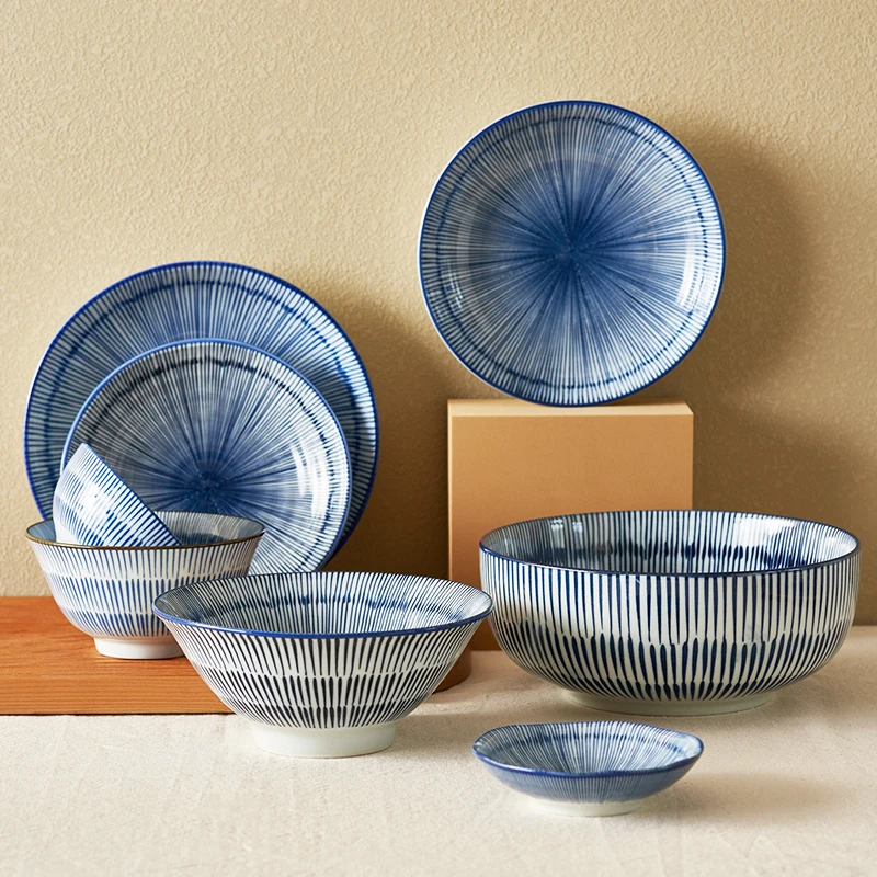 

Japanese Retro Striped Ceramic Tableware Gift Set Stripe Pattern Cyan Bowls&Plates For Household Restaurant 3121, Cyan-blue
