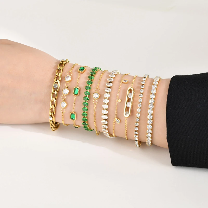 

Fashion Gold Stainless Steel Green Zircon Stacked Bracelets Multilayer Personalized Crystal Jewelry Bracelet For Women