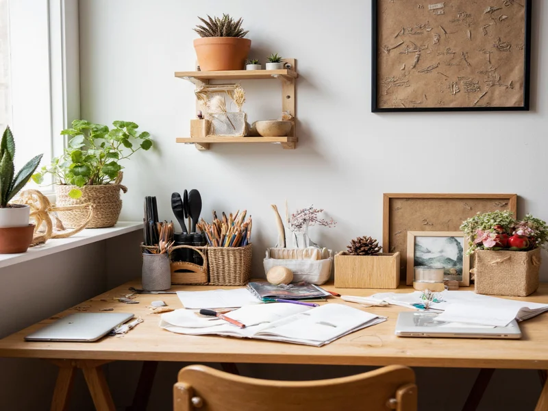 Minimalist crafting station with recycled materials on small apartment desk