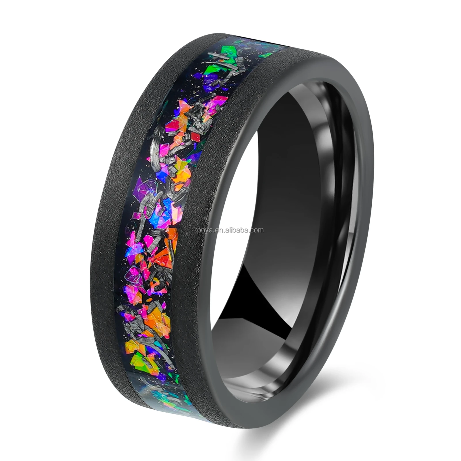POYA  Romantic Sandblasted Black   8mm Tungsten Ring  Colorful Galaxy Ring Meteorite Shaving Inlay for Wedding Gift Anniversary