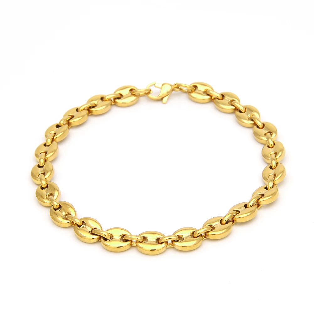 

Stainless Steel Jewelry High Polish Puffed Mariner Link Bracelet 8mm Real Gold Plated Stainless Steel Coffee Bean Link Bracelet