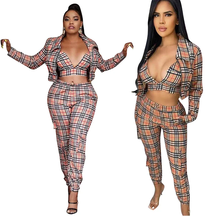 

Sexy Plaid 3 Piece Coat Pant Designs Women Clothing Sets Fashion Wholesales