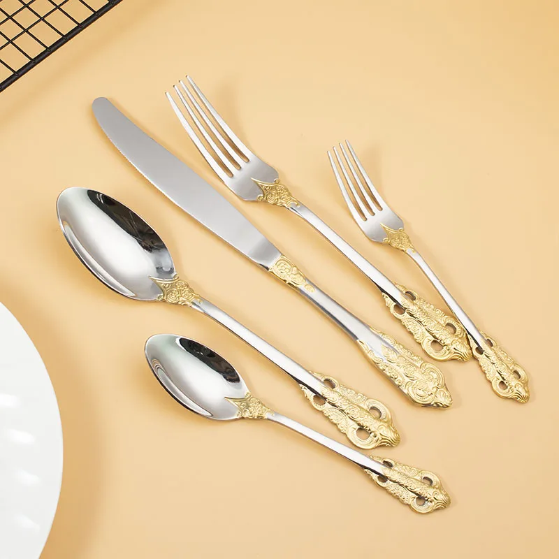 

Royal Hotel Wedding Luxury Cutlery Set Stainless Steel 304 Vintage Baroque Silver Plated With Gold Flatware