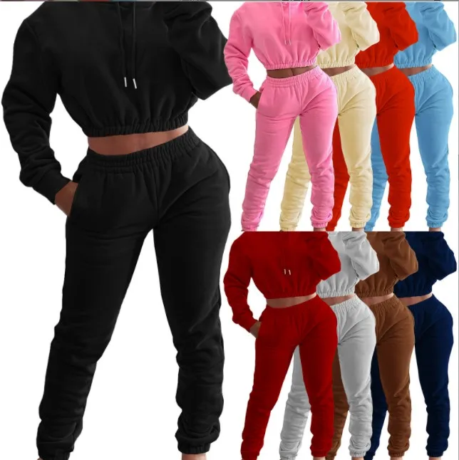 

GX8201 Solid Color Casual Hooded Winter Sweatsuit Outfits Sportswear Joggers Women 2 Piece Fleece Tracksuit Set