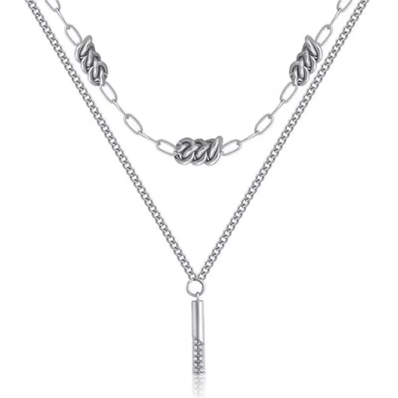 

Hot Selling Popular Hip Hop Titanium Steel Double Layer Knotted Bar Shaped Clavicle Chain Pendant Necklace, As picture