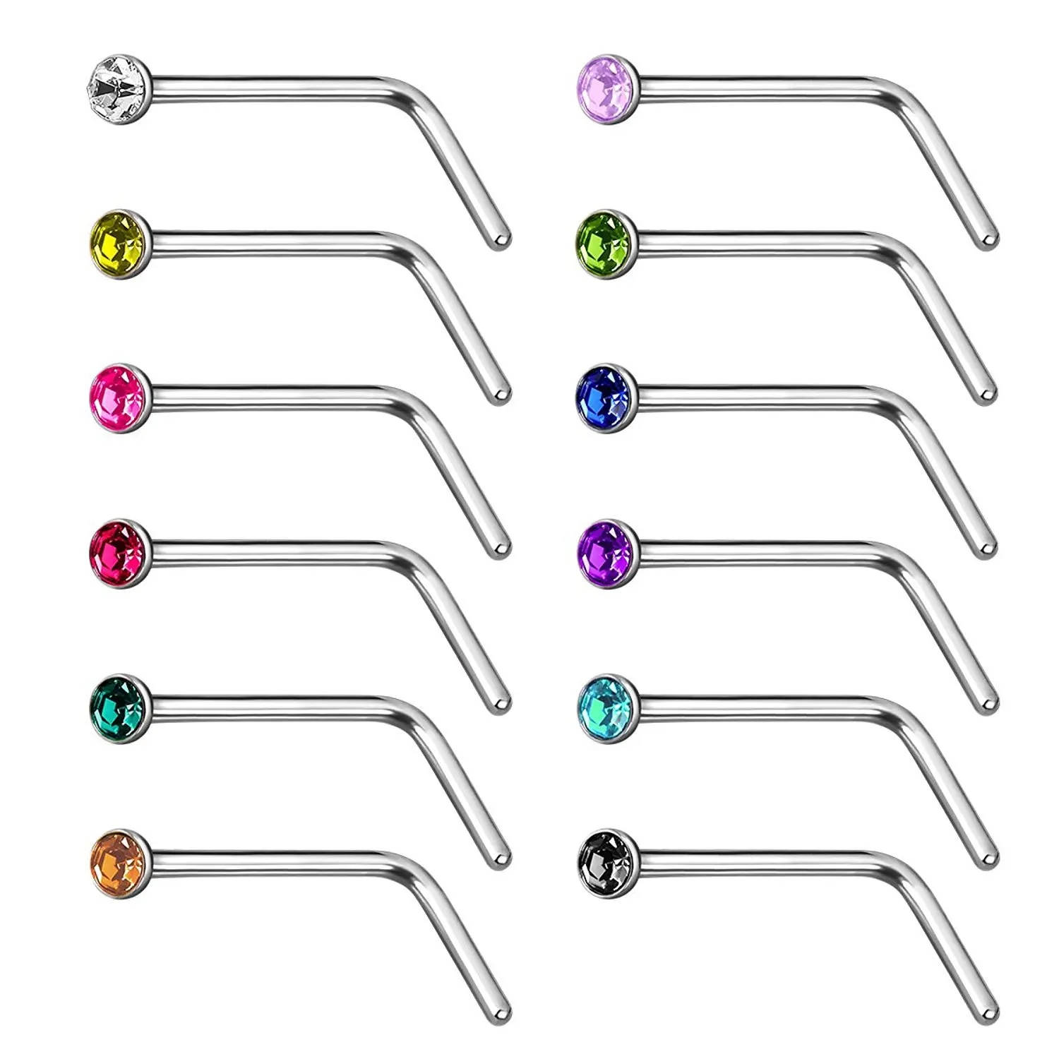 

Lotus Stainless Steel Diamond L shape Nose Stud Ring Body Piercing Jewelry, Silver