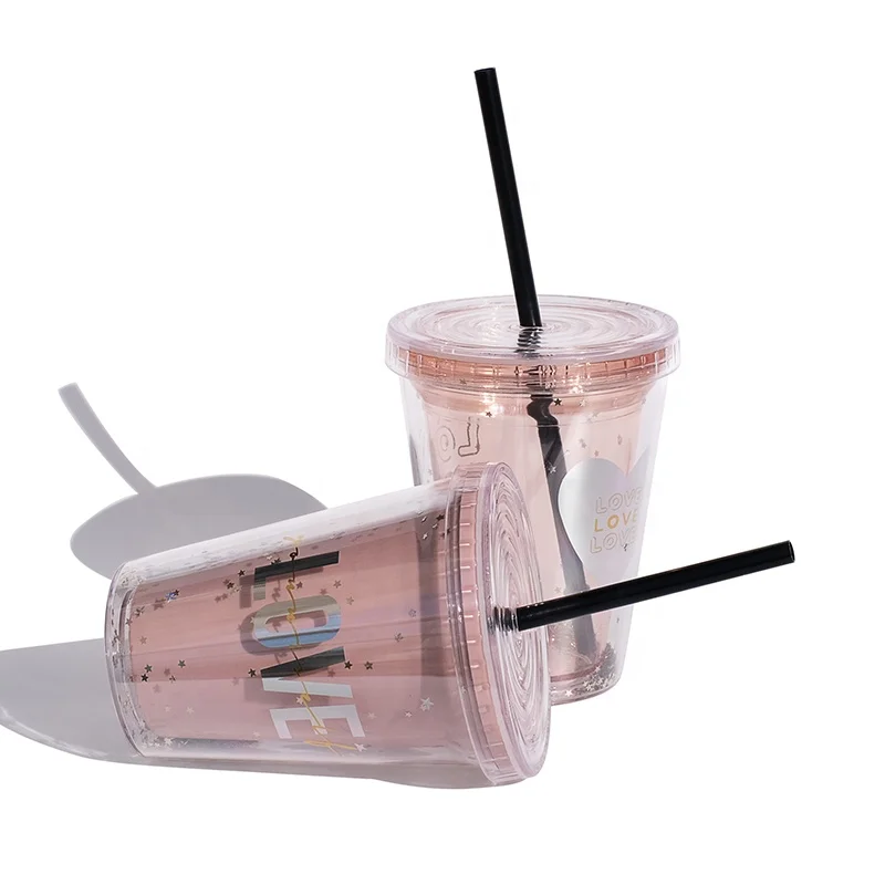 

Girlwiil Plastic Water Cups With Lids And Straws Cute Plastic Mugs Custom Logo Drink Tea,milk,Coke,Coffee,Tumbler Wholesale, Transparent pink & solid pink