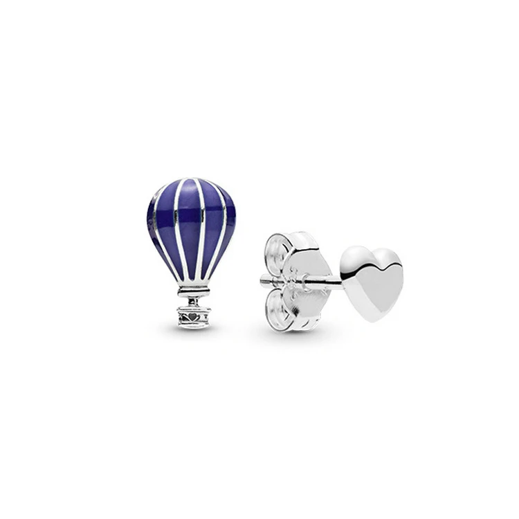 

High quality blue hot air balloon asymmetry earrings 925 silver heart shape stud earring