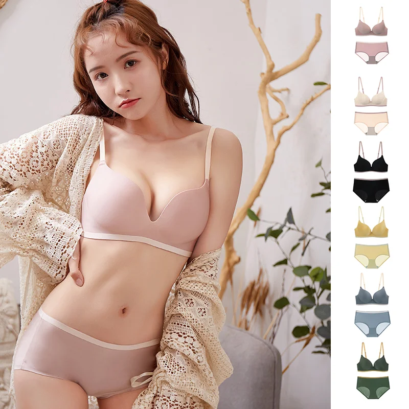 

Wholesale Logo Custom Six Colors Wireless Simple Traceless One-piece Collision Color Small Breast Bra and Panties Women, Beige, pink, blue, green, black, yellow
