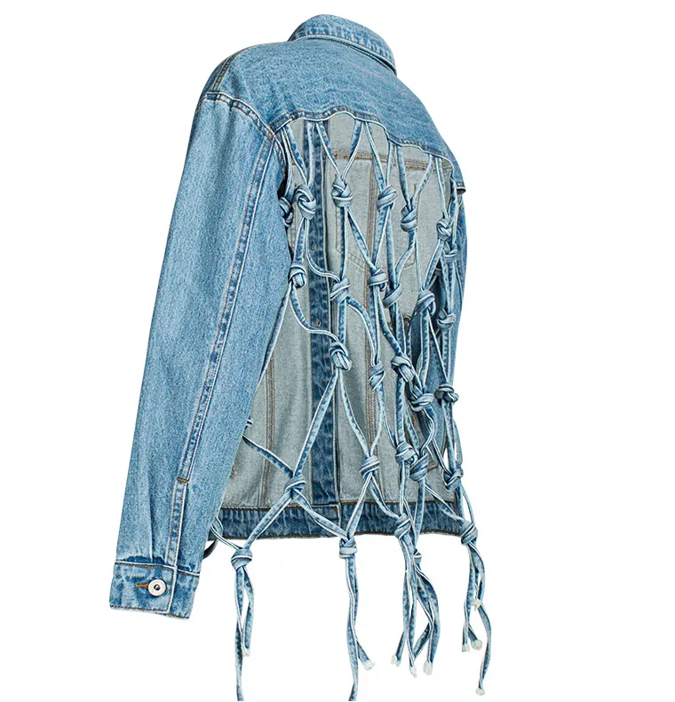 

2021 Spring Best Selling High Quality Handmade Knots Women Denim Backless Jacket, Blue / light blue