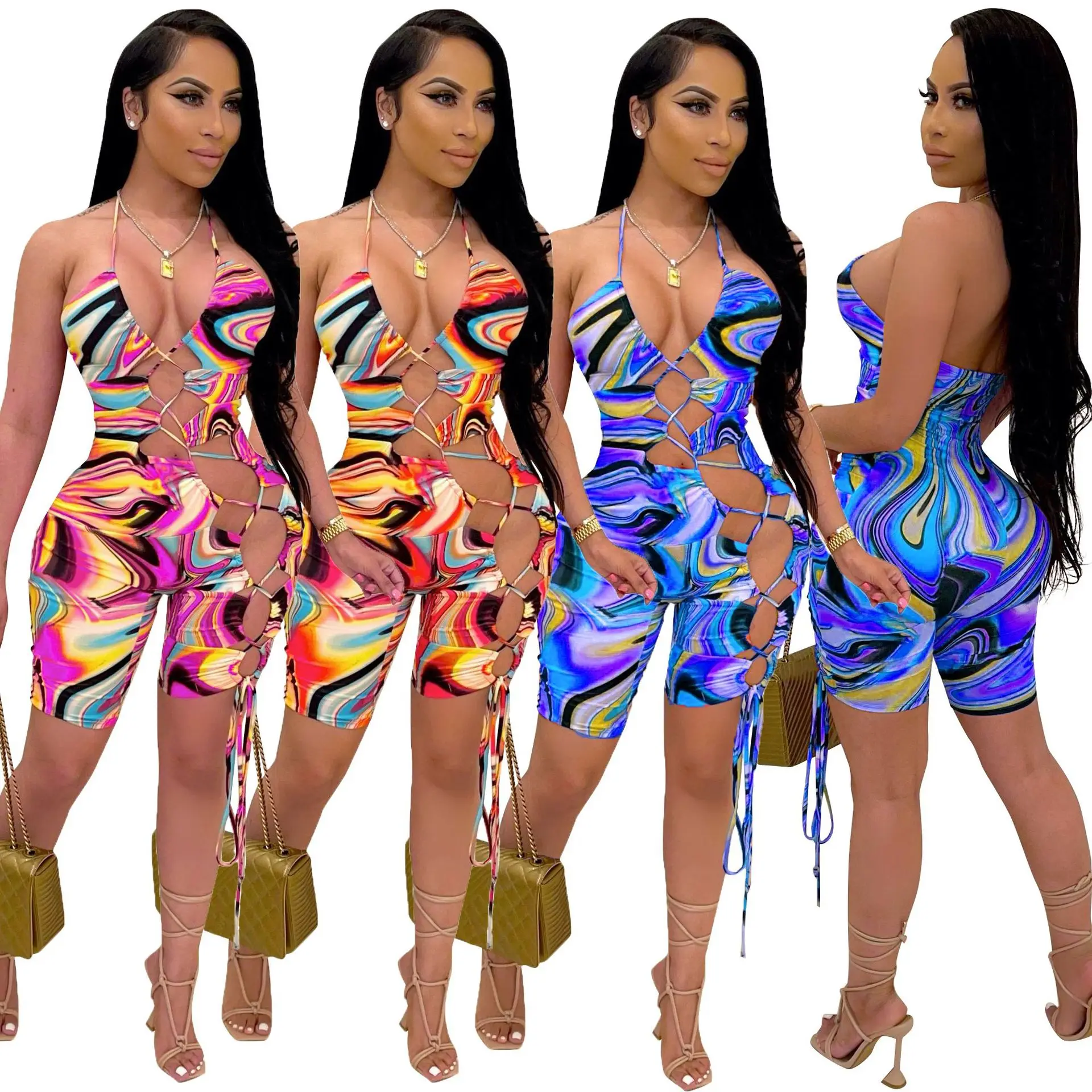 

Fashion Popular Sexy Slip Hollow Bandage Tie Dye Digital Print Short Bodysuit For Women Jumpsuit 2021