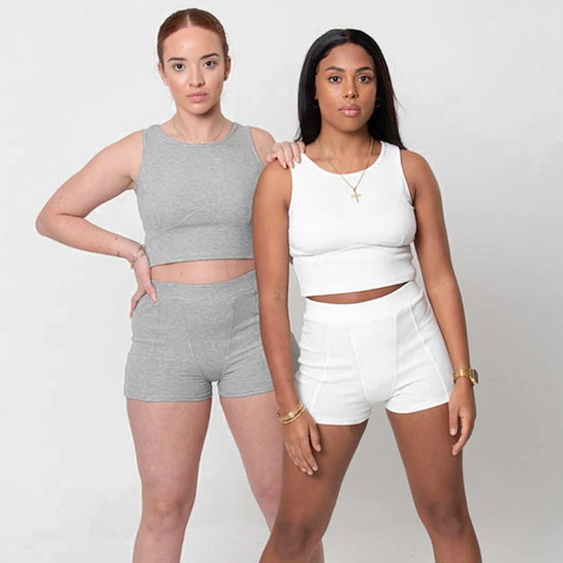 

2021 summer vest top ribbing woman clothing solid color shorts pants two piece