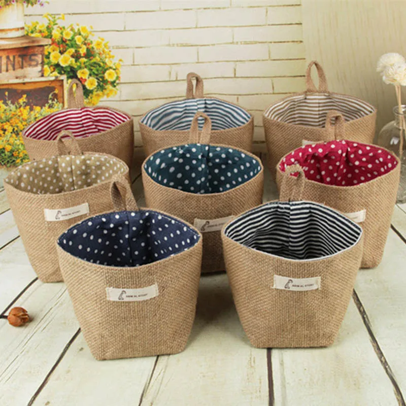 

Small Storage Sack Stripe Dot Hanging Sundries storage basket jute cloth bag Flower Pot Cosmetic Bag Home Decor 14*12.5cm