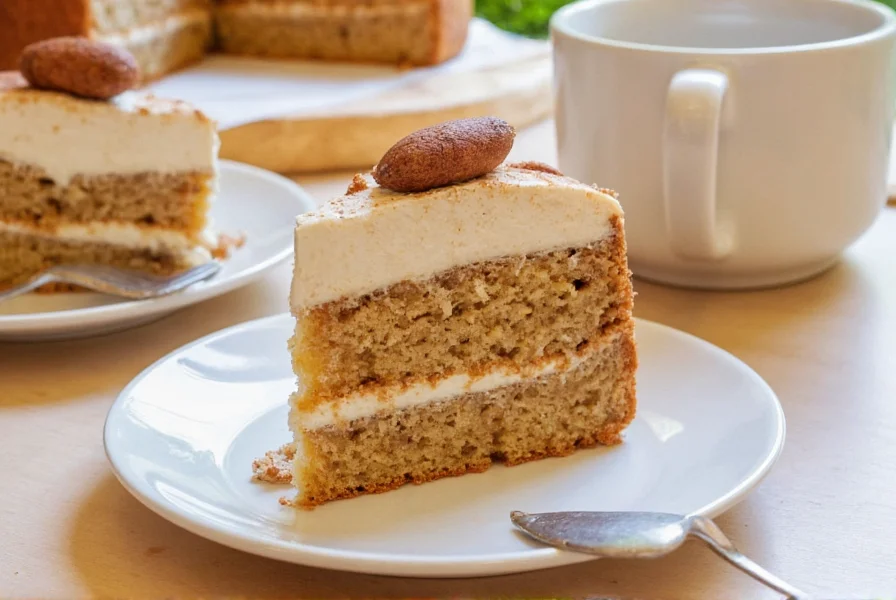 Coffee and cinnamon cake with cream cheese frosting and cinnamon dusting on rustic wooden board