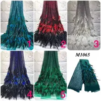 

5yds/lot luxury tulle 3d lace organza royal black african embroidery french net fabric feather flowers