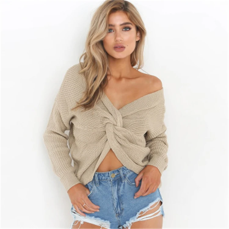 

Custom Knitted Off Shoulder V-Neck Women Pullover Cropped Top Fashion Ladies Sexy Fall Winter Lady Sweater, Customized color