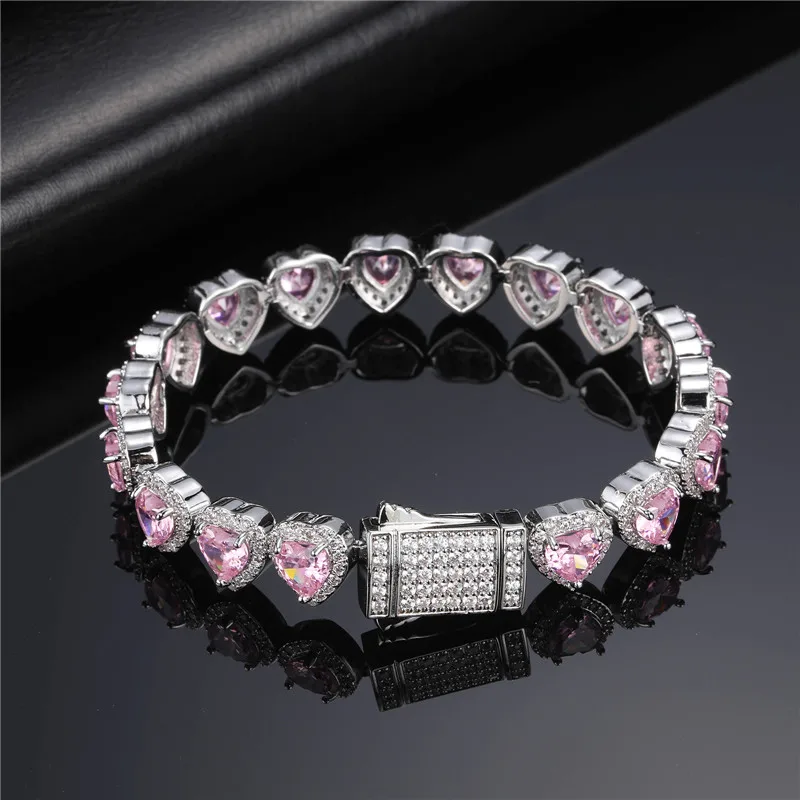 

2023 Hot Selling Cubic Link 18K Gold Plated Silver Heart Shape Pink Red Zircon Chain Bracelet for Men Women Gift