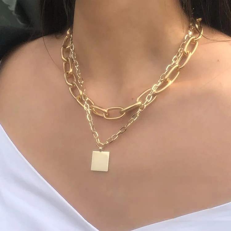 

Fashion Adjustable 55cm Long Necklace Stainless Steel 18K Gold Plated Blank Square Pendant Paperclip Link Chain Necklaces Women, Pvd gold plated