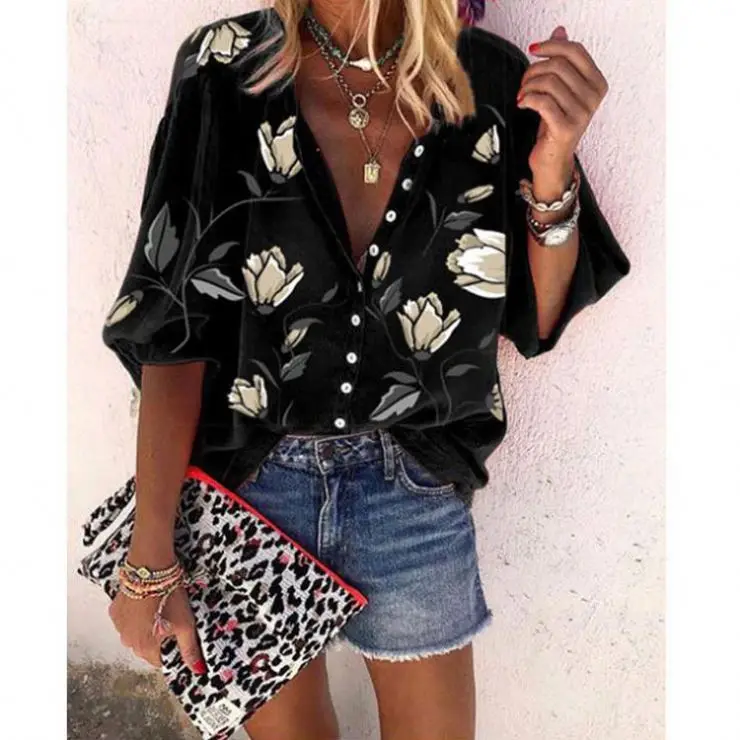 

PEARL Chemisier Femme 2021 Summer Button Flower Printed Women's Top Blouse Women T-Shirt